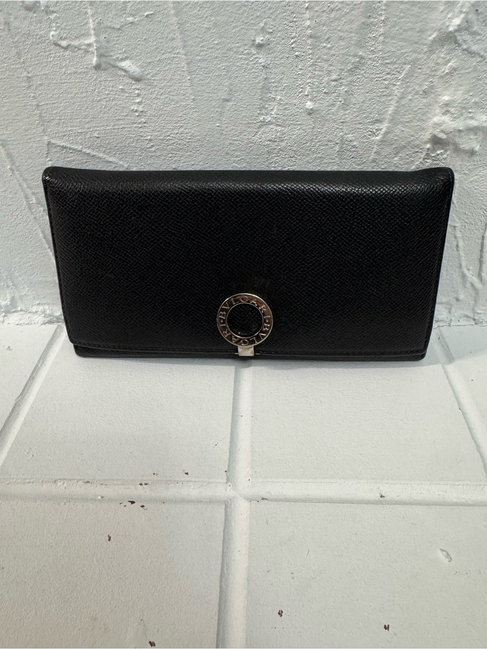 Bulgari Black Leather Continental Wallet with Signature Circle Logo